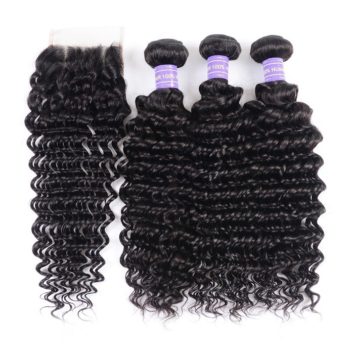 Kriyya Brazilian Unprocessed Human Hair Deep Wave 3 Bundles With 4*4 Lace Closure