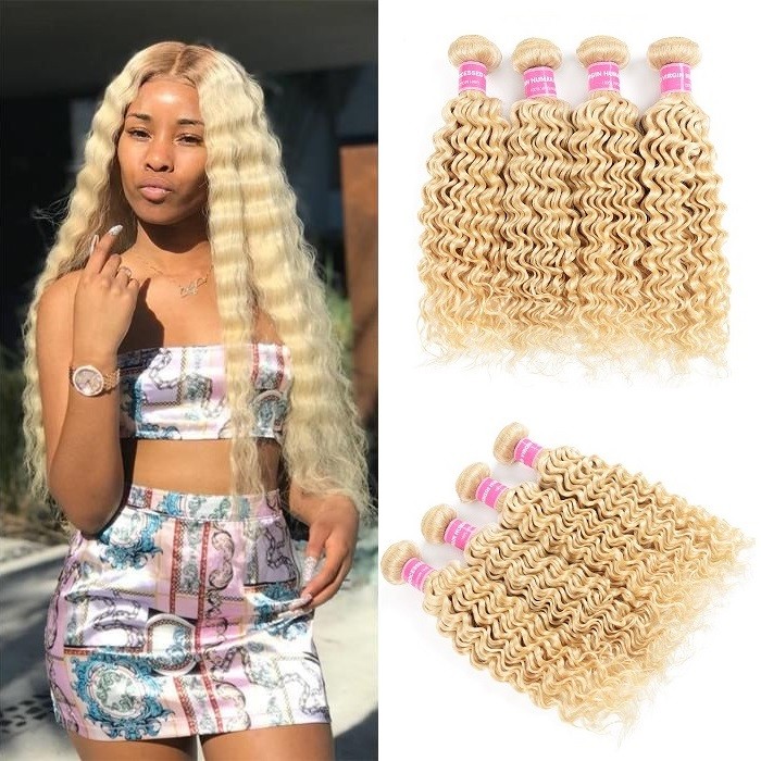 Kriyya Malaysian Best Deep Wave Human Hair Weave 4 Bundles 613 Blonde