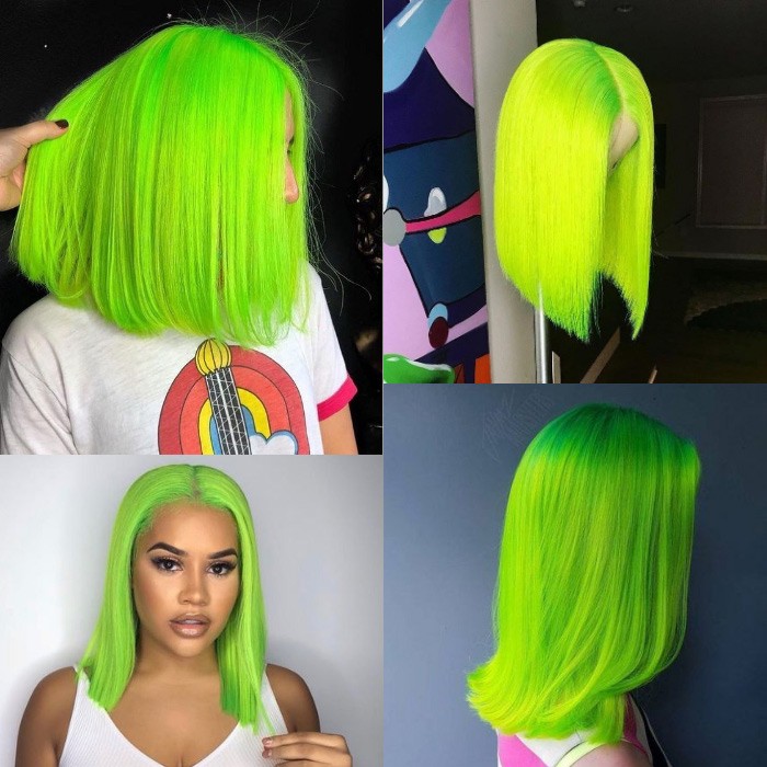 Kriyya Green Bob Lace Front Wigs Blunt Cut 13x4 Straight 150% Density Human Hair Wigs