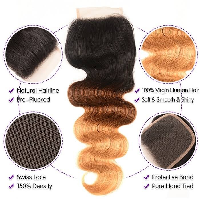 Kriyya Indian Human Hair Three Tone Ombre Body Wave 3 Bundles With Lace Closure 4x4 Inch