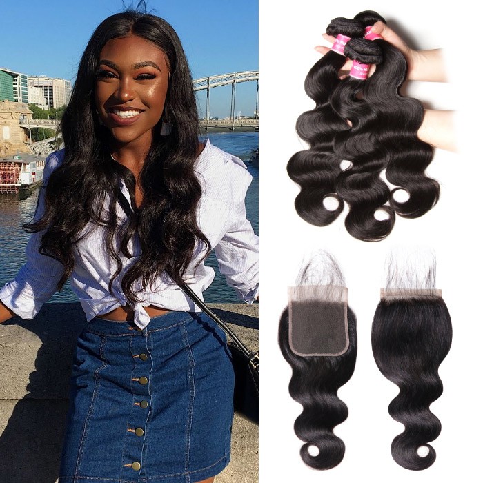 Kriyya Indian Unprocessed 100% Human Hair Body Wave 3 Bundles With Lace Closure 5*5 Inch