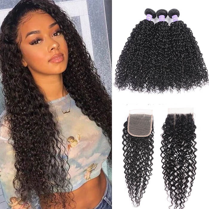 Kriyya Indian Unprocessed 100% Human Hair Jerry Curly 3 Bundles With Lace Closure 4*4 Inch