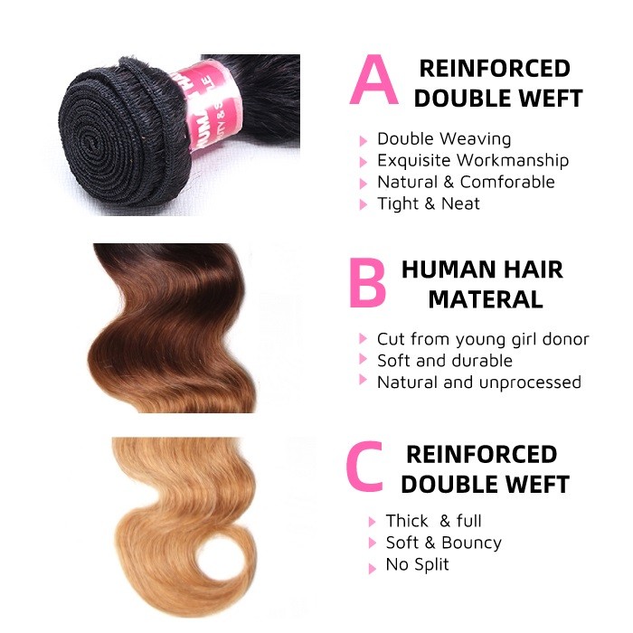 Kriyya Indian Virgin Hair Three Tone Ombre 4 Pcs Body Wave With 4x4 Lace Closure