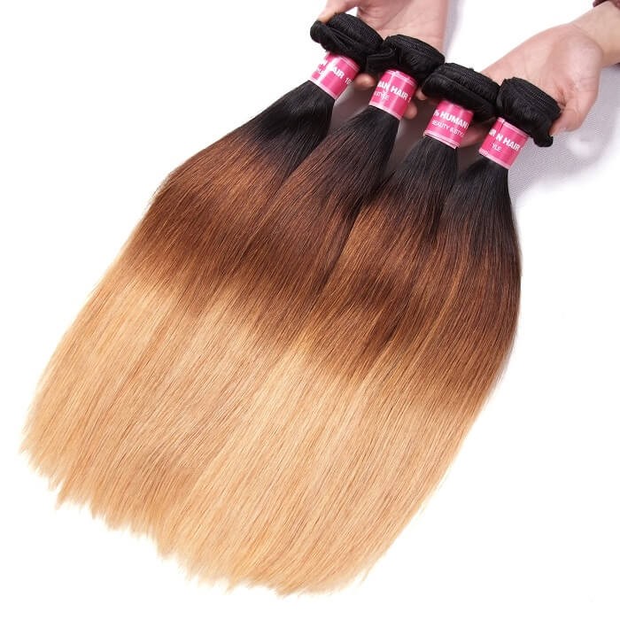 Kriyya Indian Virgin Human Hair T1B/4/27 Ombre 4 Pcs Straight With 4x4 Lace Closure