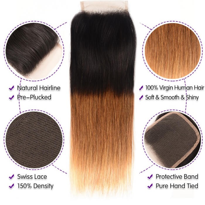 Kriyya Indian Virgin Human Hair T1B/4/27 Ombre 4 Pcs Straight With 4x4 Lace Closure