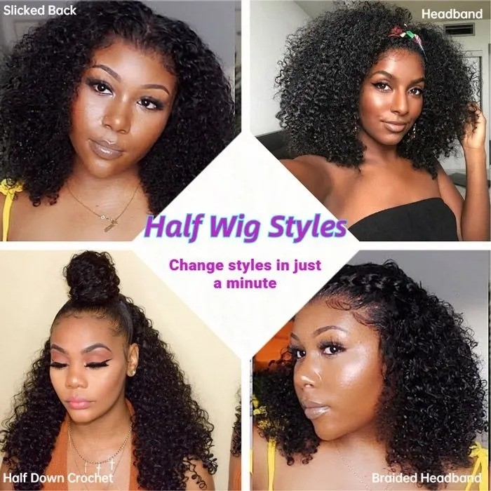 Kriyya Jerry Curly Wigs 3/4 Half Wig Brazilian Virgin Remy Hair Glueless Wigs Natural Color