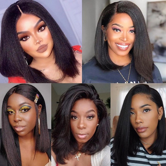Kriyya Kinky Straight Bob Wig Pre-Plucked Human Hair Wigs With Baby Hair 150% Density Natural Color