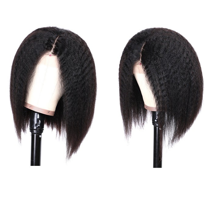 Kriyya Kinky Straight Bob Wig Pre-Plucked Human Hair Wigs With Baby Hair 150% Density Natural Color
