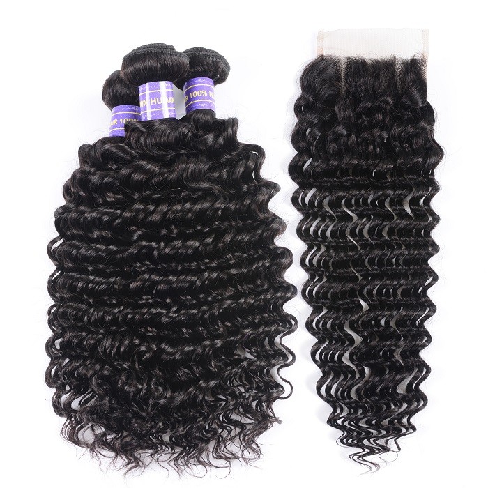 Kriyya  Malaysian Deep Wave Hair 3 Bundles Virgin Hair With 4*4 Lace Closure