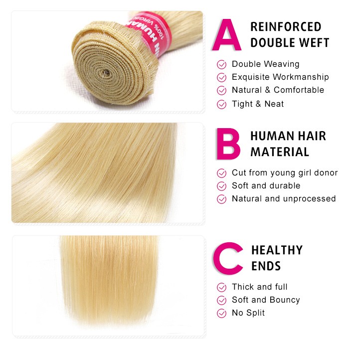 Kriyya Malaysian Straight 3 Pcs Human Hair 613 Blonde Hair Weave