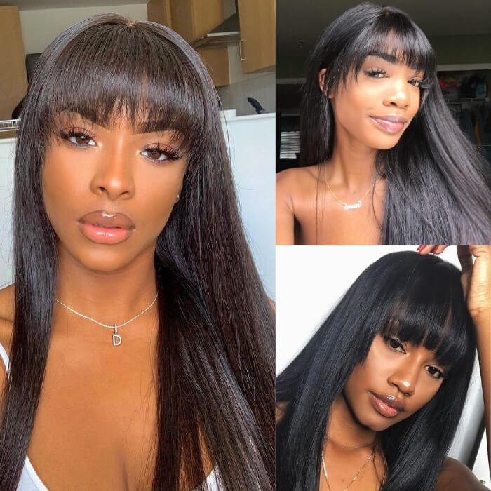 Kriyya Neat Bangs Natural Black Capless Wig Straight Human Hair Wigs With Bangs 150% Density Remy Hair Wigs