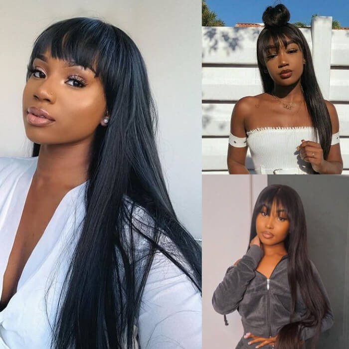 Kriyya Neat Bangs Natural Black Capless Wig Straight Human Hair Wigs With Bangs 150% Density Remy Hair Wigs