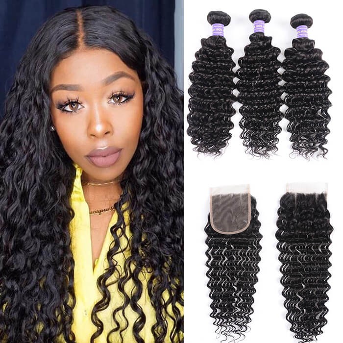 Kriyya Peruvian 100% Human Hair Deep Wave 3 Bundles With Lace Closure 4 X 4 Inch