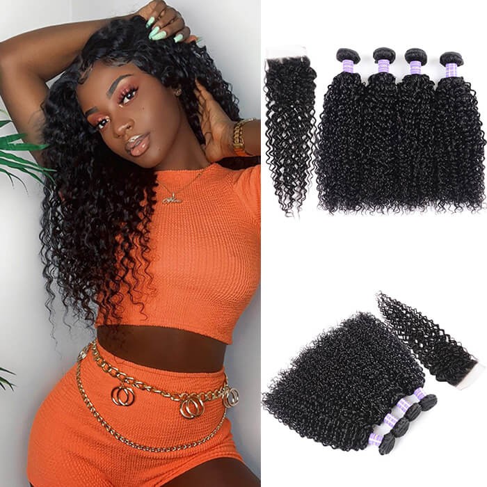Kriyya Peruvian Curly Hair 4 Bundles With Lace Closure Sew In