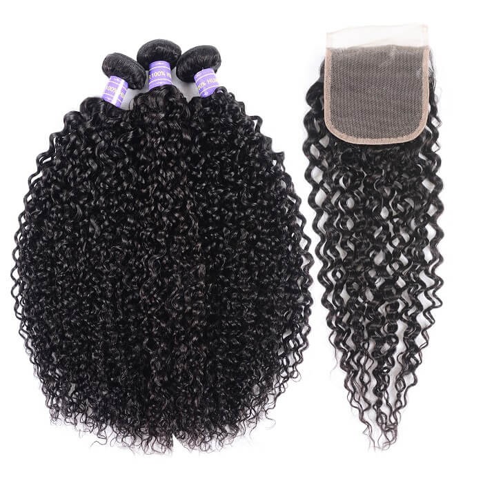 Kriyya Peruvian Jerry Curly Virgin 100 Human Hair 3 Bundles With 4x4 Lace Closure