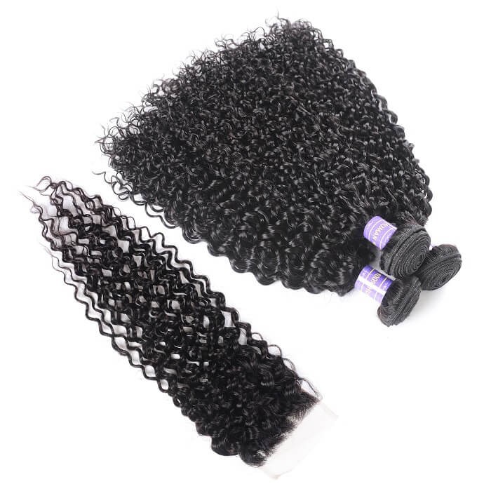 Kriyya Peruvian Jerry Curly Virgin 100 Human Hair 3 Bundles With 4x4 Lace Closure