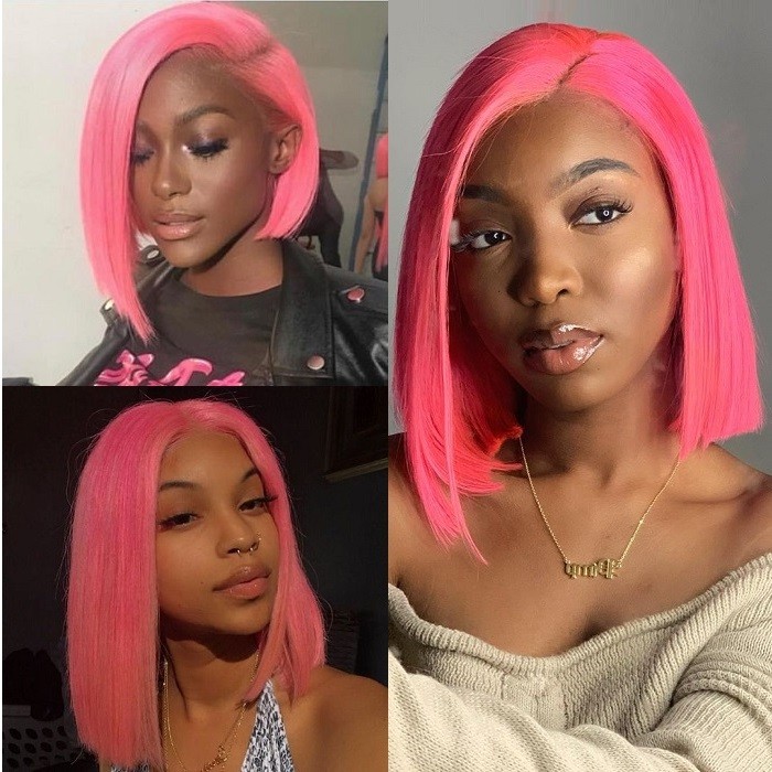 Kriyya Pink Bob Human Hair Wigs 13x4 Straight 180% Density Blunt Cut Lace Front Wigs 