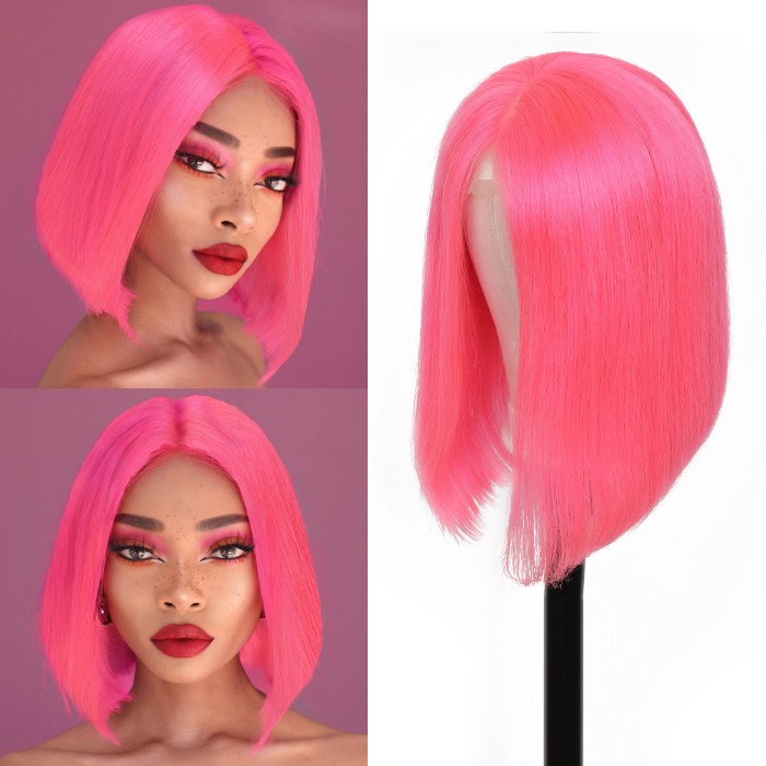 Kriyya Pink Straight  Bob Lace Front Wigs 150% Density Human Hair Wigs