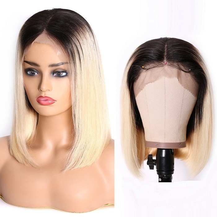 Kriyya T1B613 Ombre Blonde 13X4 Lace Front Wigs Blunt Cut Human Hair Bob Wigs 130% 150% Density