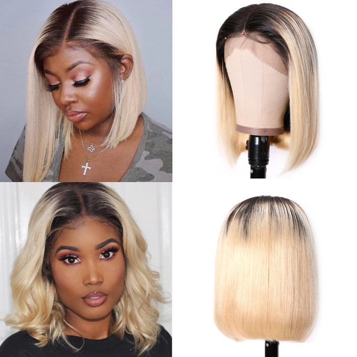 Kriyya T1B613 Ombre Blonde 13X4 Lace Front Wigs Blunt Cut Human Hair Bob Wigs 130% 150% Density