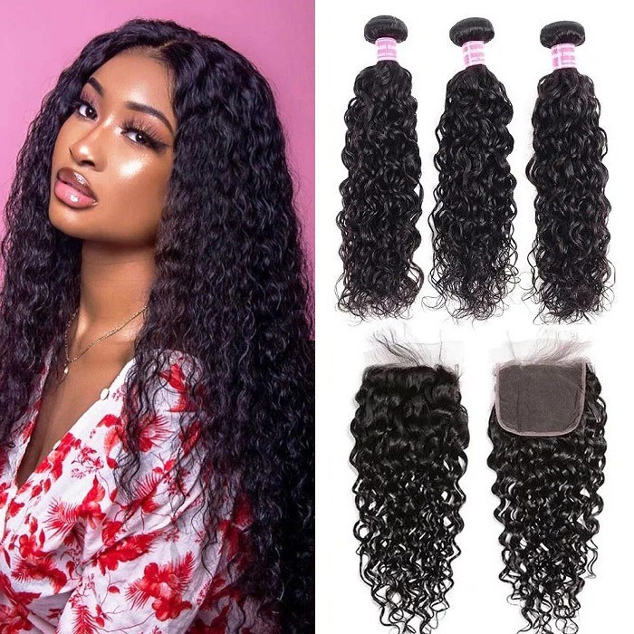 Kriyya Water Wave Remy Human Hair 3 Bundles With Lace Closure 4*4 Inch Indian Hair