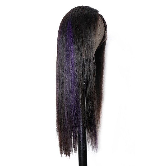 Kriyya Wigs Purple Highlight Color 13x4 Lace Frontal Wigs Straight human Hair Wigs 150% Density