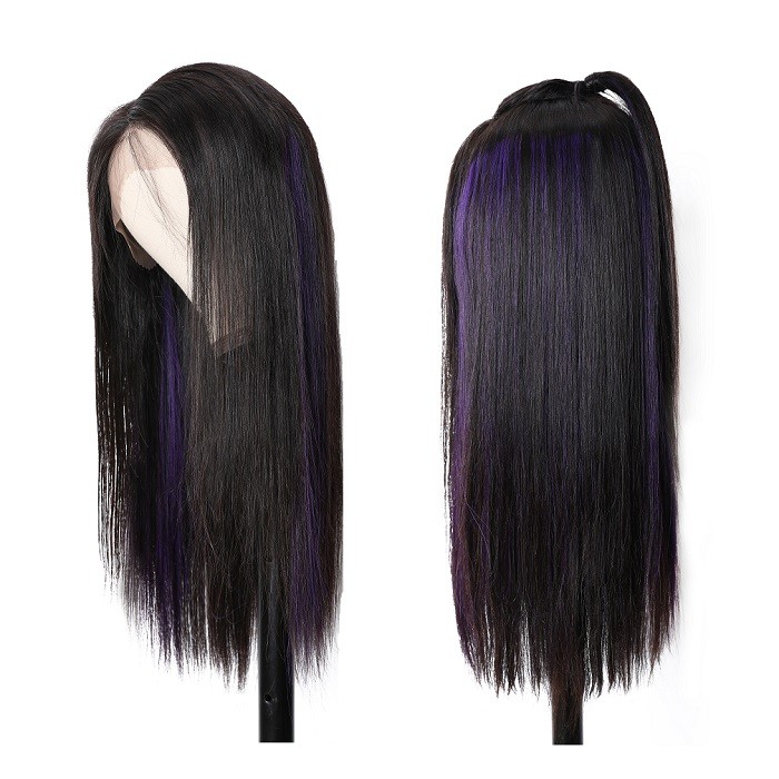Kriyya Wigs Purple Highlight Color 13x4 Lace Frontal Wigs Straight human Hair Wigs 150% Density