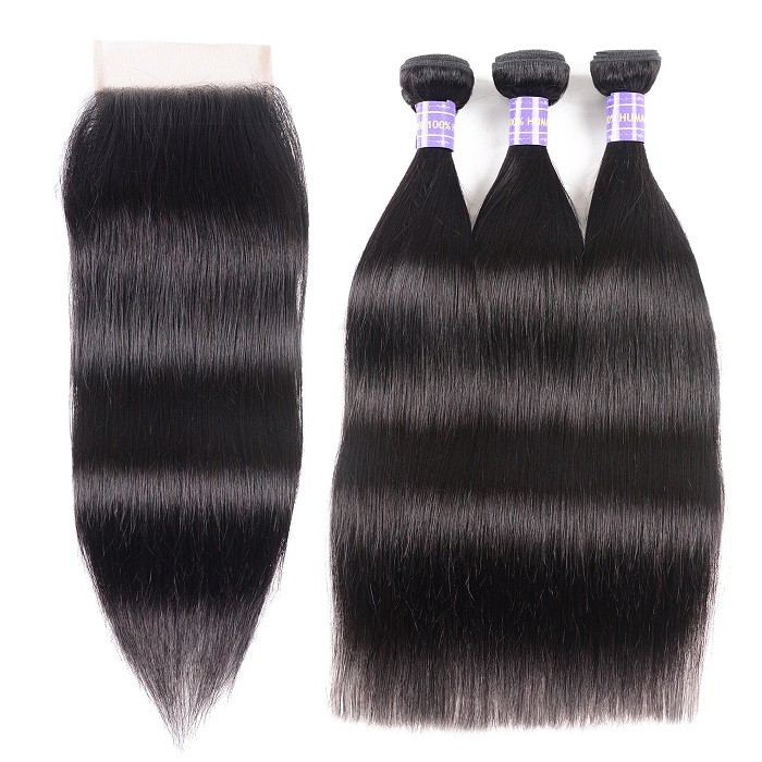 Kriyya Straight Virgin Hair 3 Bundles With 4*4 Lace Closure Indian Hair