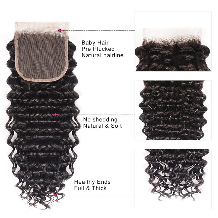 Kriyya 4 Bundles Peruvian Deep Wave Hair With 4X4 Closure 