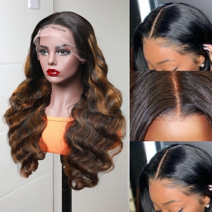 Kriyya Bronde Highlight Virgin Hair T Part Lace Wig Balayage Body Wave Lace Wigs