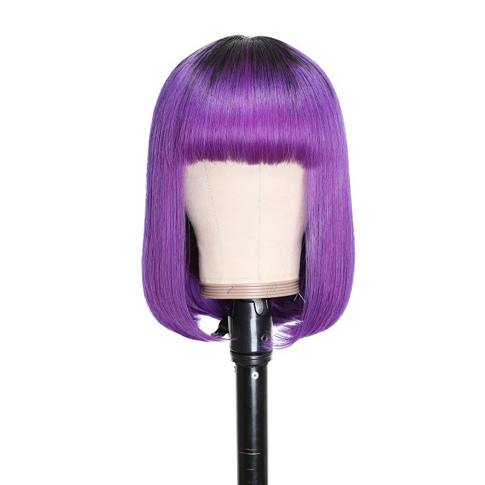 Kriyya Bob Wigs With Bangs Capless Wig Purple Ombre Glueless Human Hair Wig