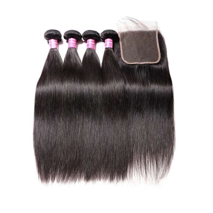 Kriyya Brazilian Straight Weave 4 Bundles With 5x5 Closure With Baby Hair