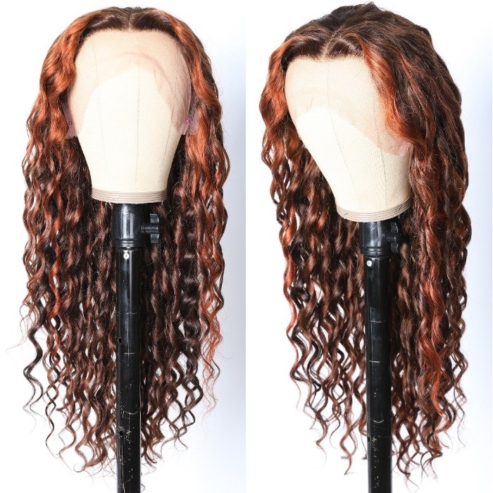 Kriyya New Fashion 13X4 Sprial Wave Copper Red Highlight On Brown Hair  Colored Wig 150% Density 