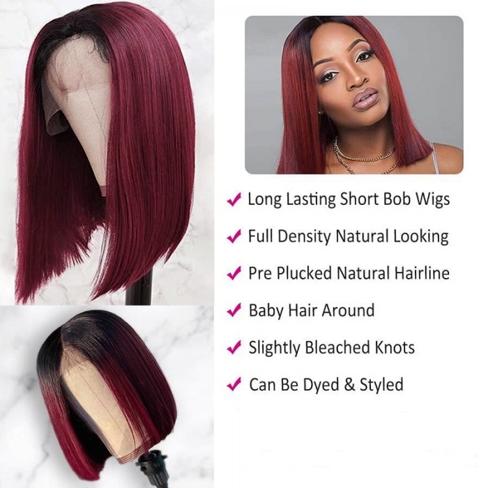 Kriyya 1B/99J Burgundy Ombre 4x4 Lace Closure Wig Straight Human Hair Bob Hair Wigs with Baby Hair 150% Density
