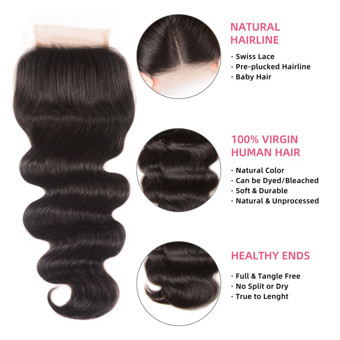 Kriyya Body Wave Brazilian 4 Hair Bundles With Closure 4X4 Inch