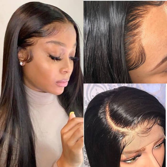 Kriyya Pre-Plucked Straight Human Hair 13x6 Transparent Lace Frontal Wigs 180% Density