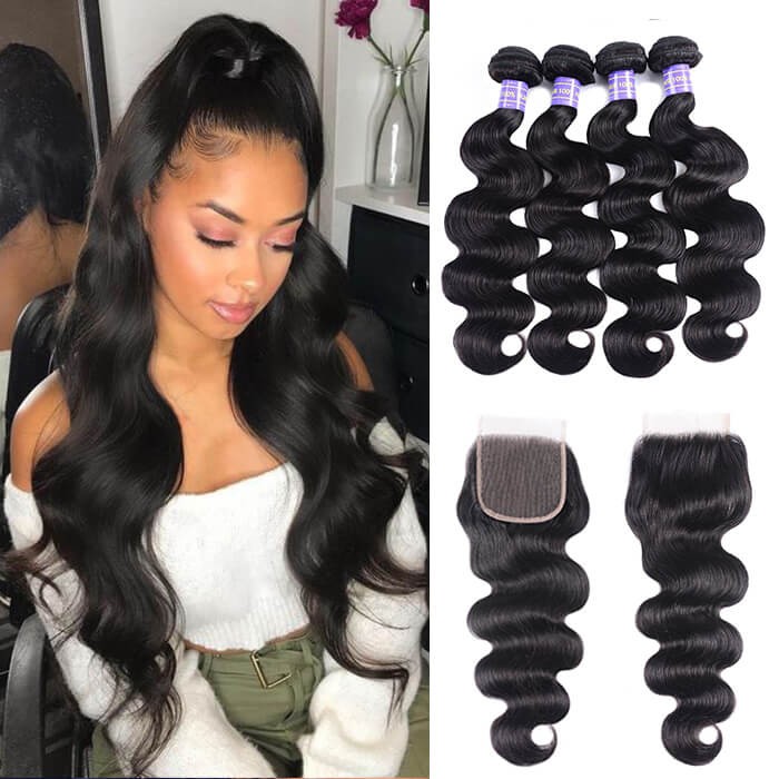 Kriyya Brazilian Body Wave Closure With 4 Bundles Virgin Human Hair