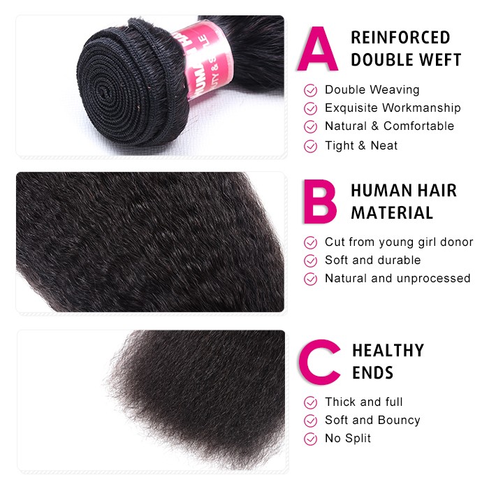 Kriyya Malaysian Kinky Straight  Hair 4 Bundles With Closure Free Part Lace Closure