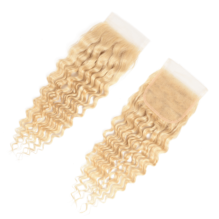 Kriyya Indian Deep Wave Virgin Hair 613 Blonde 3 Bundles With Lace Closure 4x4  Inch