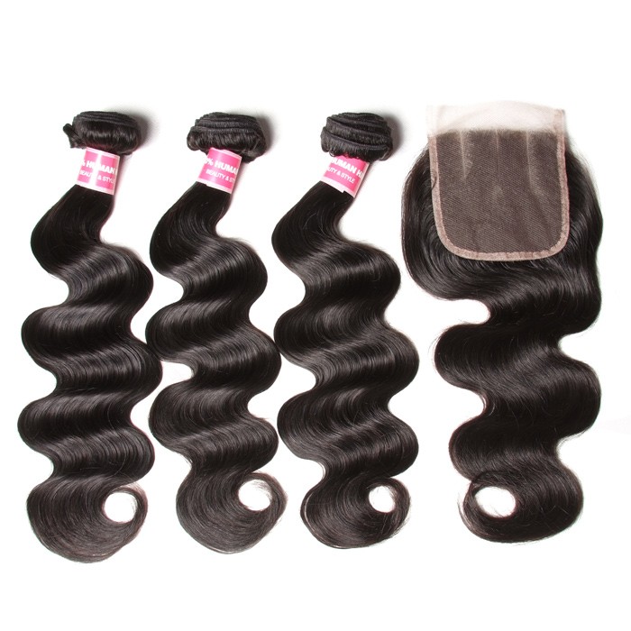 Kriyya Indian Remy Hair 3 Bundles With Closure 4X4 Inch Body Wave Weave 