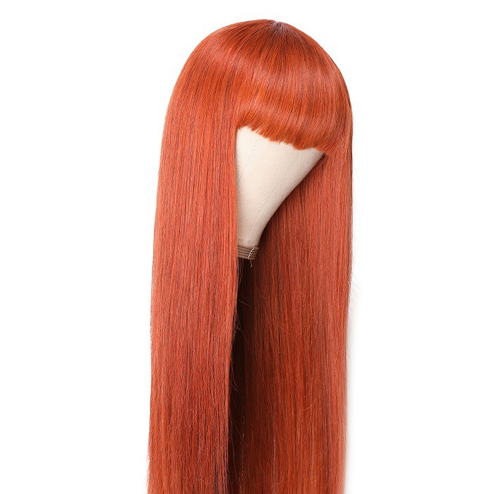 Kriyya Ginger Colored Glueless Human Hair Straight Wigs With Bangs Capless Wig Cinnamon Hair Color