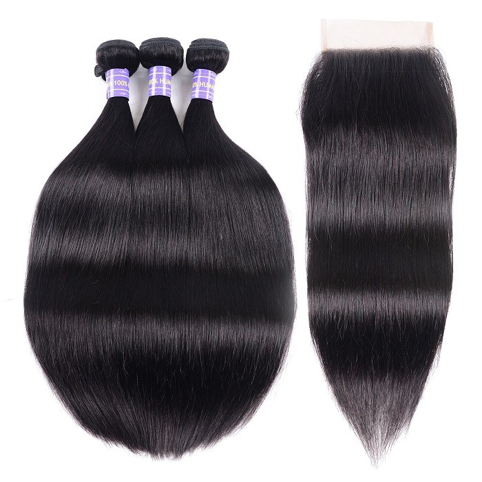 Kriyya Peruvian 3 Bundles With 4*4 Lace Closure Straight Human Hair