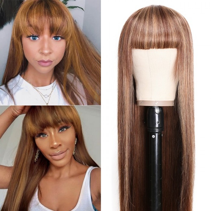 Kriyya Straight Streaks Wig With Bangs Honey Blonde Highlight Human Hair Capless Wig