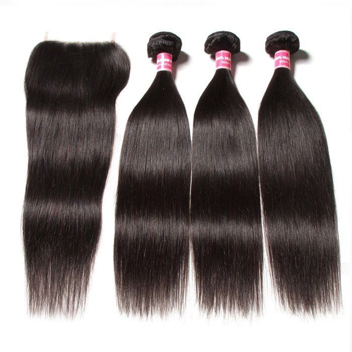 Kriyya Affordable Straight Peruvian Human Hair 3 Bundles With 4X4 Closure Free Part