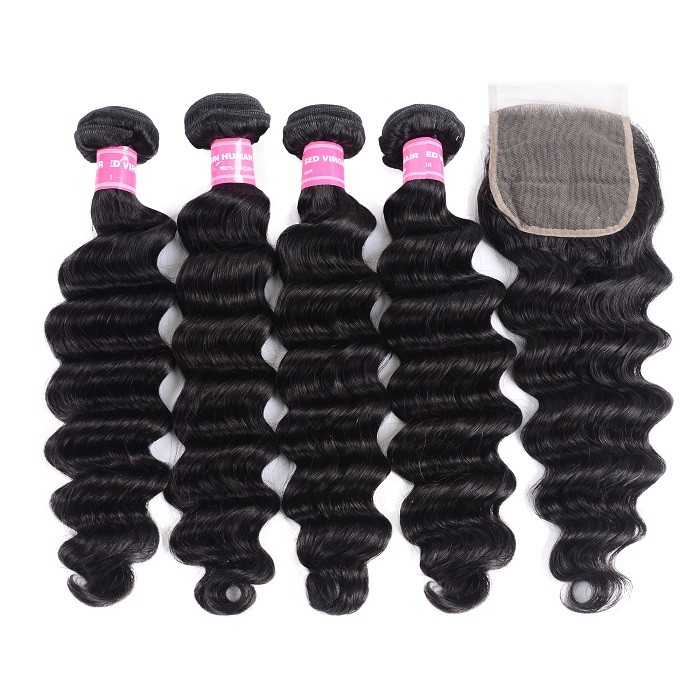 Kriyya 4x4 Lace Closure Sew In With 4 Bundle Deals Brazilian Loose Deep Wave Hair