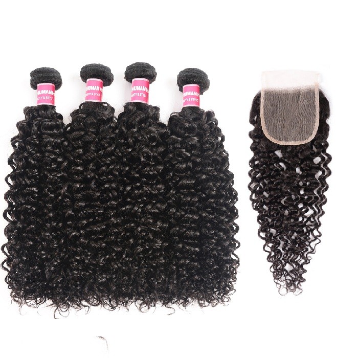 Kriyya peruvian Jerry Curly Sew In Weave 4 Bundles With 4x4 Transparent Lace Closure