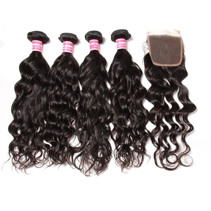 Kriyya 4x4 Lace Front Closure With Peruvian Natural Wave Sew In Weave 4 Bundles