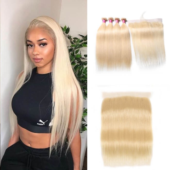 Kriyya 613 Blonde Indian Straight Hair 4 Bundles With 13x4 Lace Frontal 