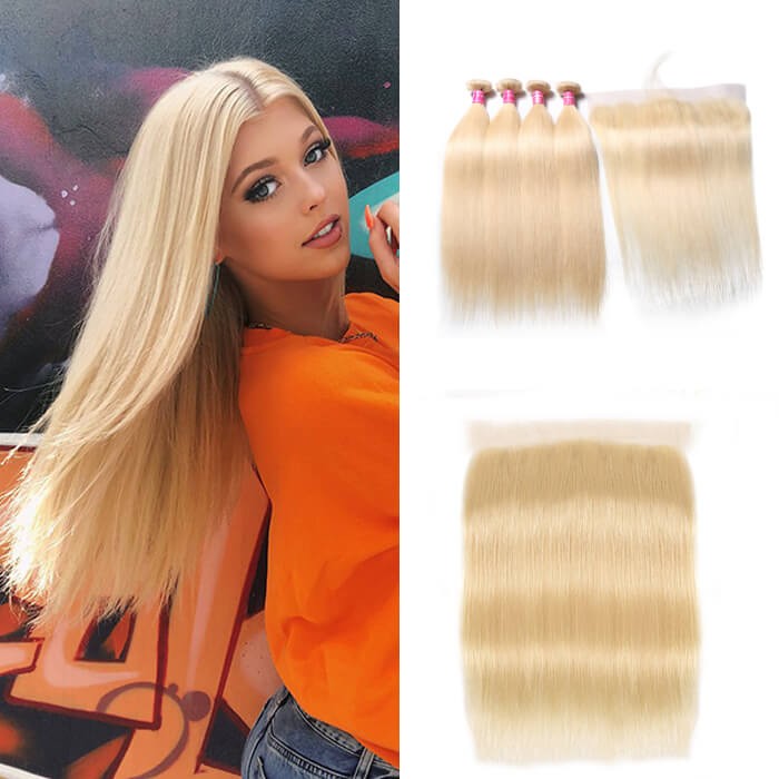 Kriyya Best Peruvian 613 Blonde Straight Hair 4 Bundles With 13x4 Lace Frontal Closure Sew In