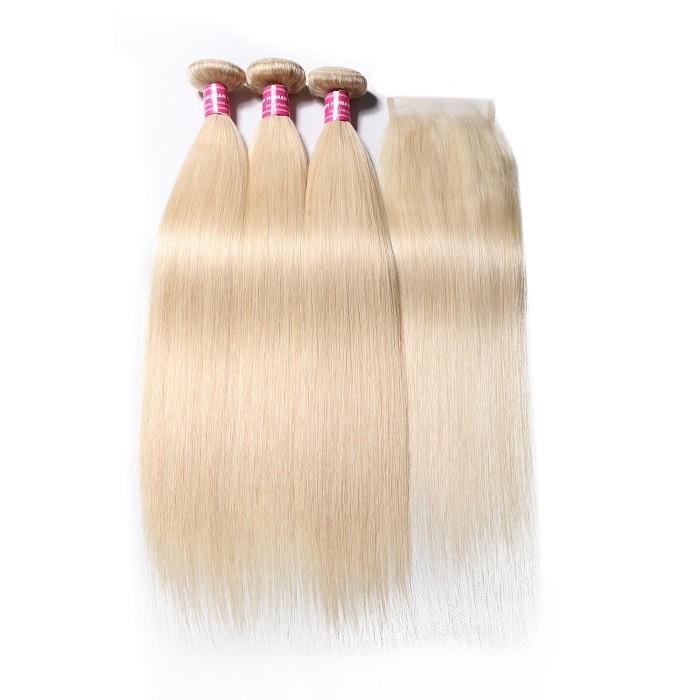 Kriyya 613 Blonde Peruvian Virgin Hair 3 Bundles Straight Weave Hair With 4*4 Lace Closure